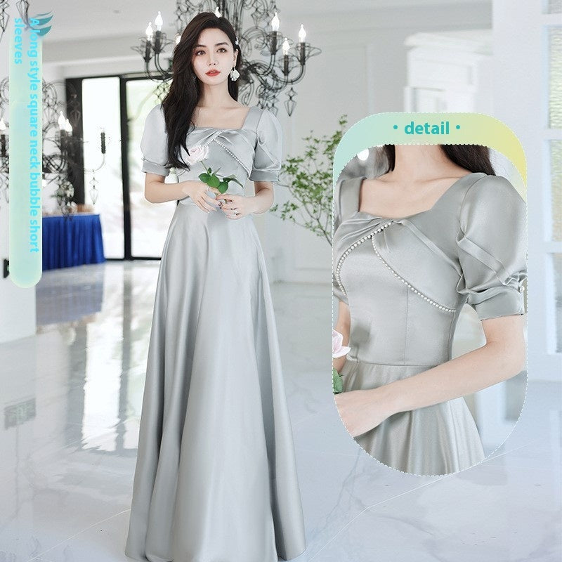 Women Satin Spring Avocado Green and Silver Gray Dress