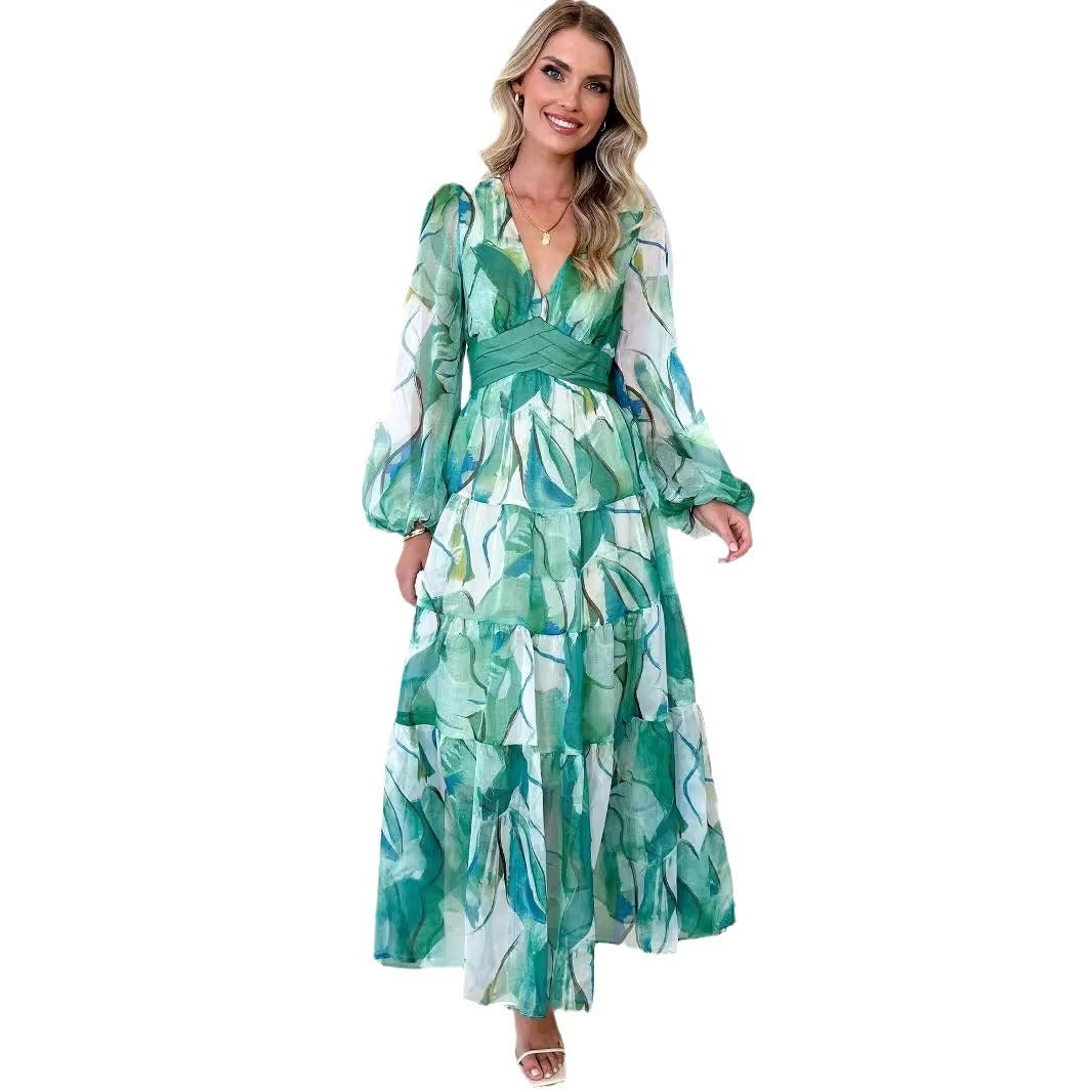 Deep V Printed Casual Long Sleeve Dress