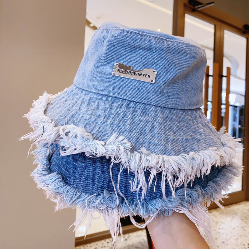 Jean Fisherman Hat Women's Spring And Summer Thin Washed Old Frayed Edge Bucket Hat Outdoor