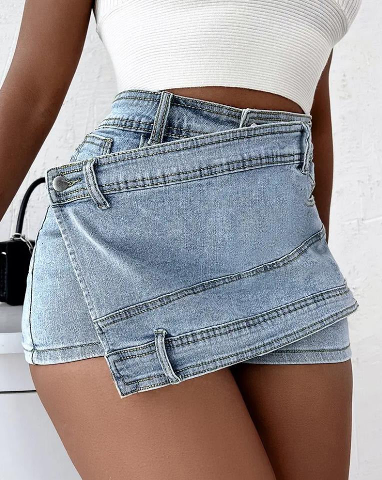 Y2K Street Vintage Denim Shorts Stretch Overlap Waist Wrap Solid Asymmetrical Hem A-Line Skinny Mini Shorts Skirt