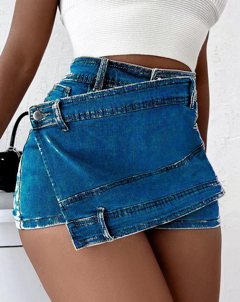 Y2K Street Vintage Denim Shorts Stretch Overlap Waist Wrap Solid Asymmetrical Hem A-Line Skinny Mini Shorts Skirt