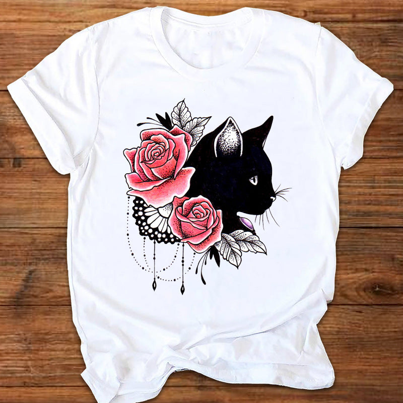 Cartoon Cute Fox Watermark Print Ladies T-Shirt Top