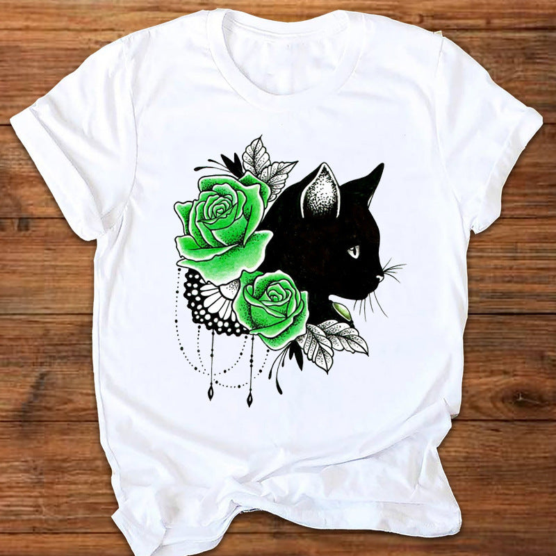 Cartoon Cute Fox Watermark Print Ladies T-Shirt Top