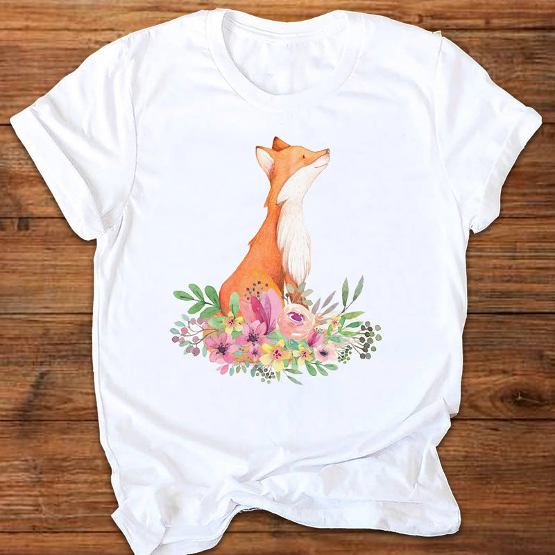 Cartoon Cute Fox Watermark Print Ladies T-Shirt Top