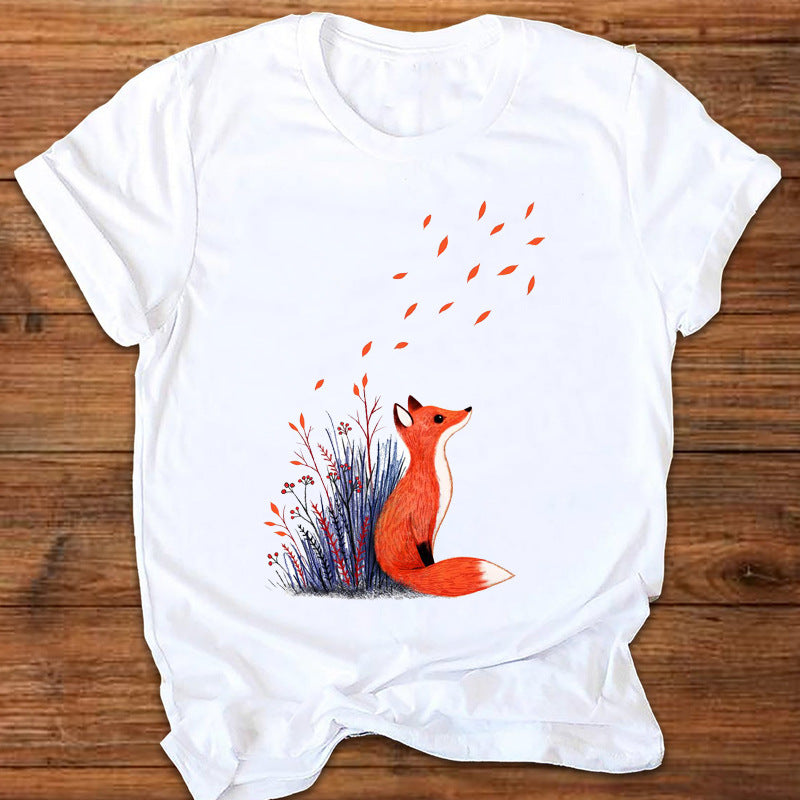 Cartoon Cute Fox Watermark Print Ladies T-Shirt Top