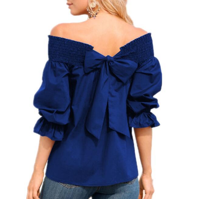 Off Shoulder Tops Spring Summer Strapless Women Blouse Bowknot Slash Neck Shirts Casual Loose Blusas Plus Size