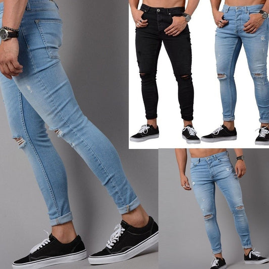 Men's denim jeans with ripped feet