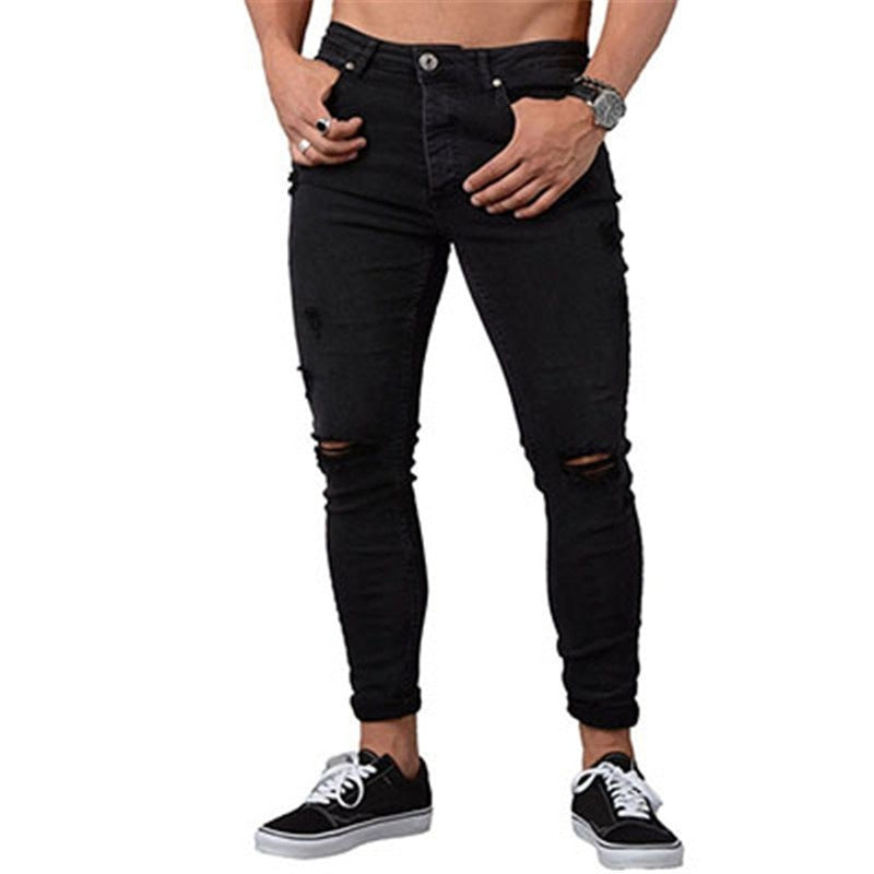 Men's denim jeans with ripped feet