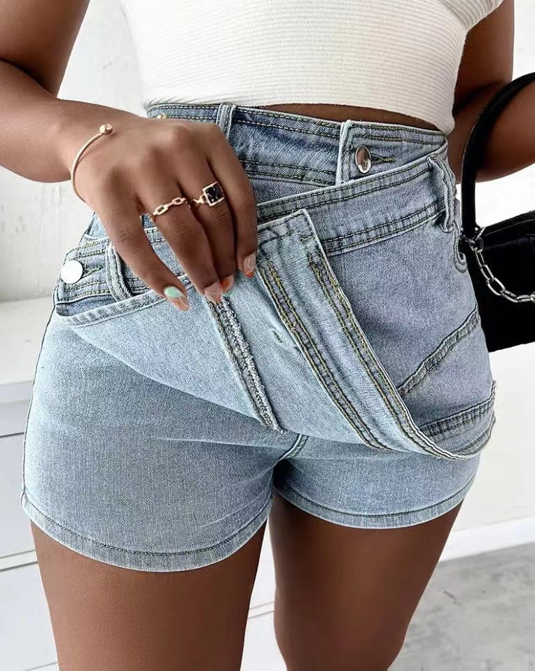 Y2K Street Vintage Denim Shorts Stretch Overlap Waist Wrap Solid Asymmetrical Hem A-Line Skinny Mini Shorts Skirt