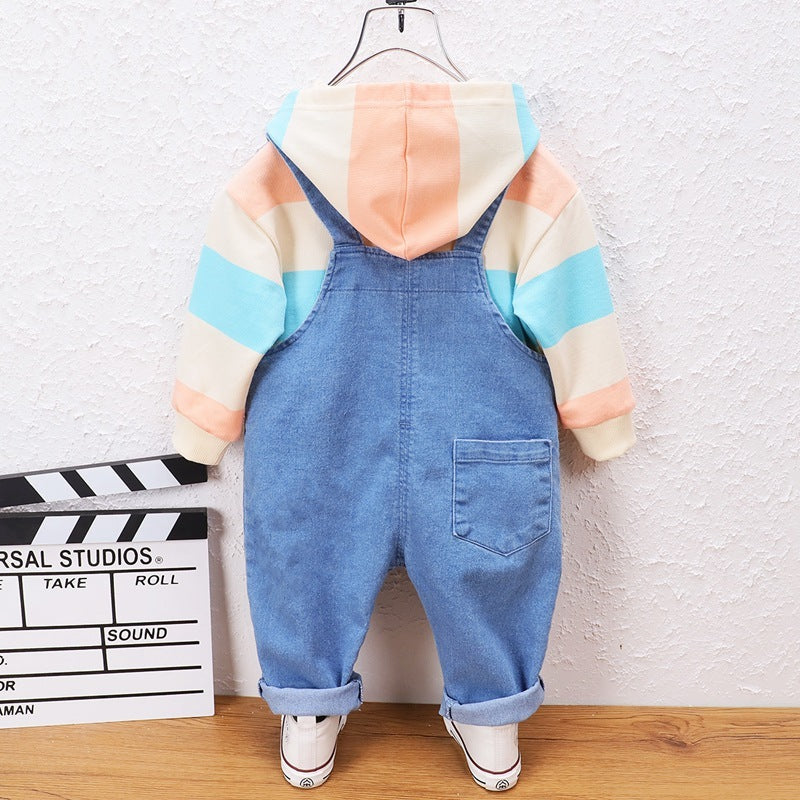 Children's Printed Striped Hooded Long Sleeved Sweater Denim Overalls