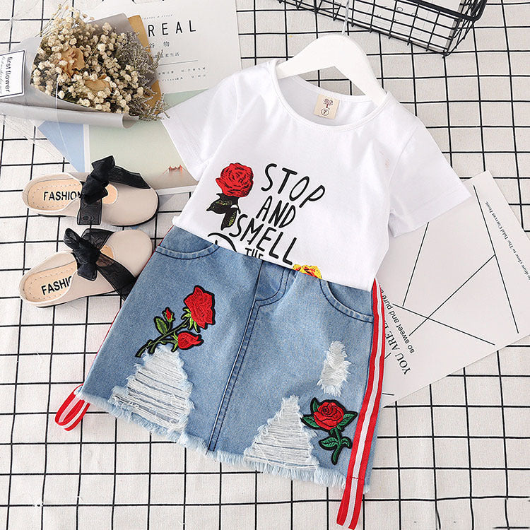 Summer Style Girls' Fashionable Embroidered Rose Short-sleeved T-shirt Denim Skirt Suit Two-piece Set