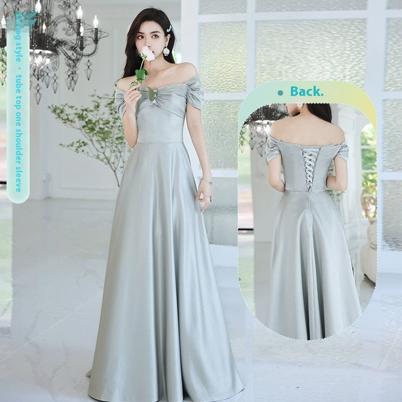 Women Satin Spring Avocado Green and Silver Gray Dress