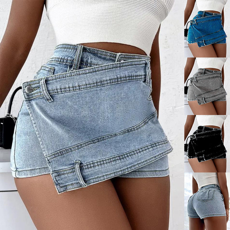 Y2K Street Vintage Denim Shorts Stretch Overlap Waist Wrap Solid Asymmetrical Hem A-Line Skinny Mini Shorts Skirt