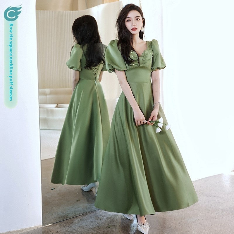 Women Satin Spring Avocado Green and Silver Gray Dress