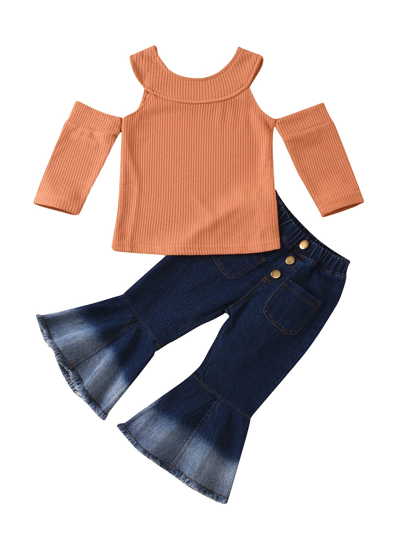 Solid Color Top Denim Flared Trouser Leg Children's Wear