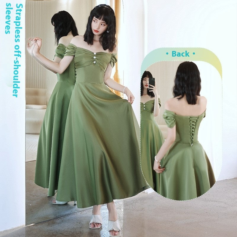 Women Satin Spring Avocado Green and Silver Gray Dress