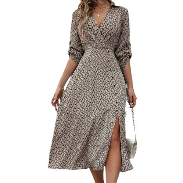 V-neck Split Print Dress