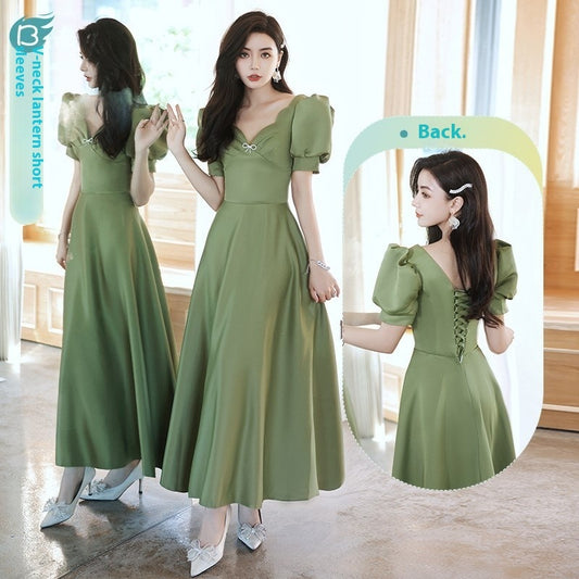 Women Satin Spring Avocado Green and Silver Gray Dress