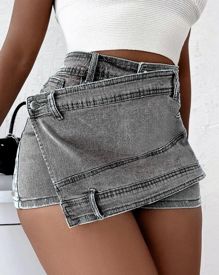 Y2K Street Vintage Denim Shorts Stretch Overlap Waist Wrap Solid Asymmetrical Hem A-Line Skinny Mini Shorts Skirt