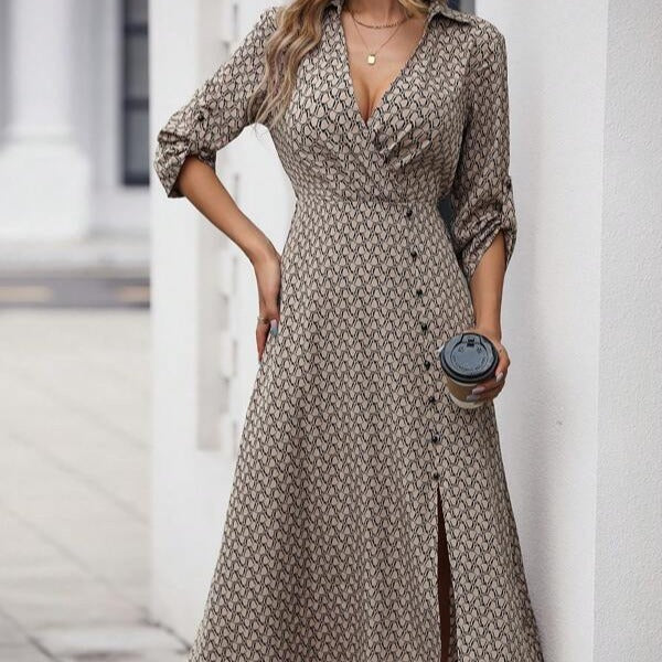 V-neck Split Print Dress