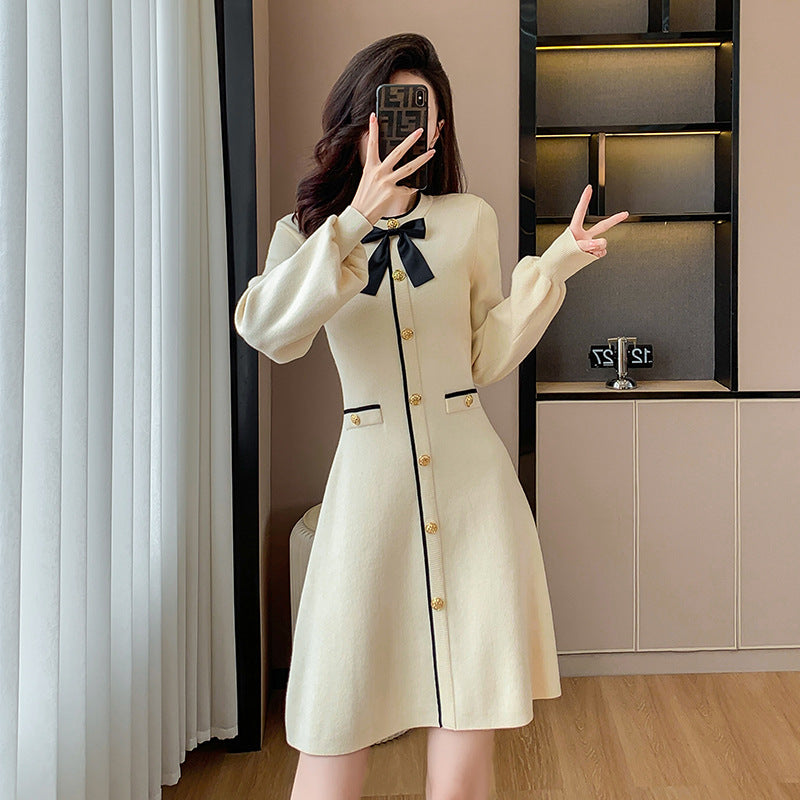 French Style Dress for Winter Lantern Sleeve Collar Knitted Dress