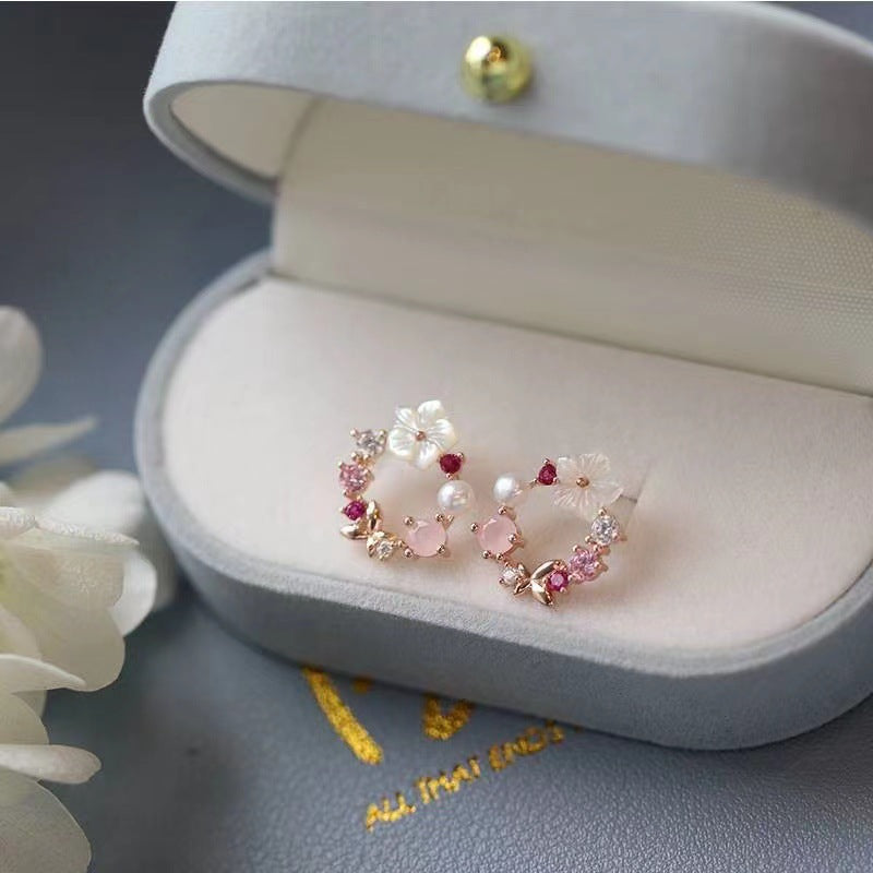 S925 Sterling Silver Fresh Pink Garland Stud Earrings Korean And Japanese Style