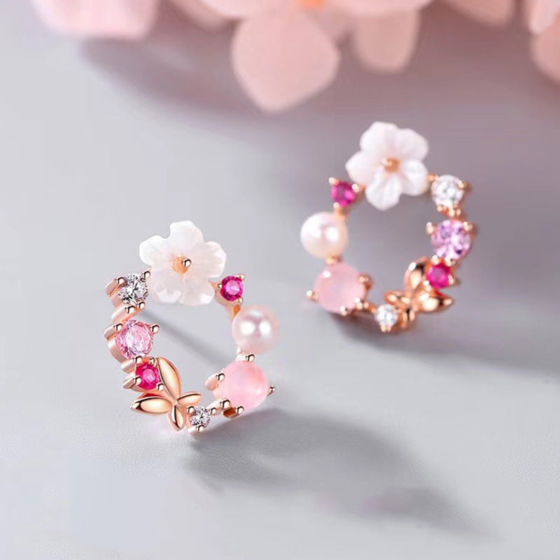 S925 Sterling Silver Fresh Pink Garland Stud Earrings Korean And Japanese Style