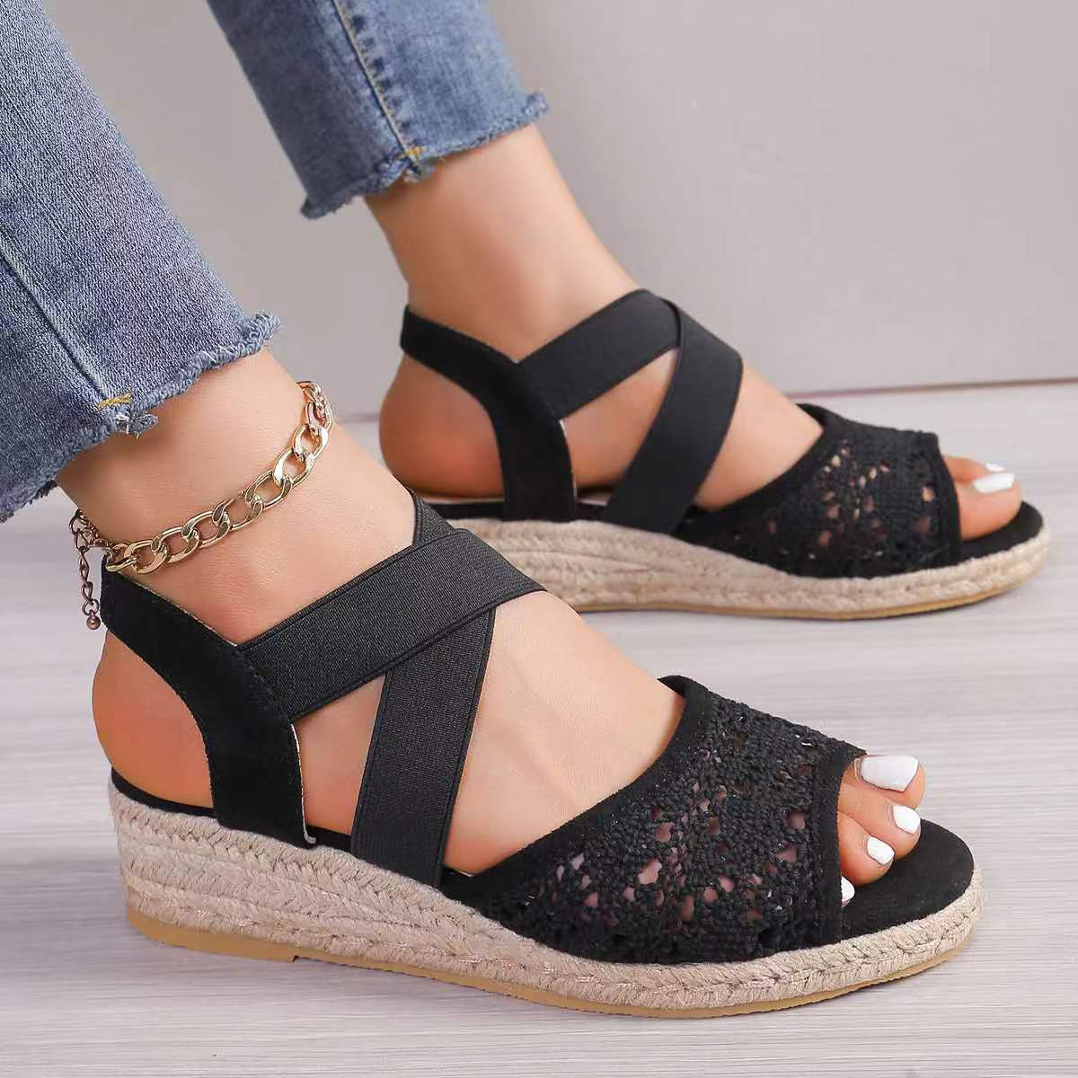 Lace Hollow Sandals Summer Fashion Hemp Wedges Shoes Women