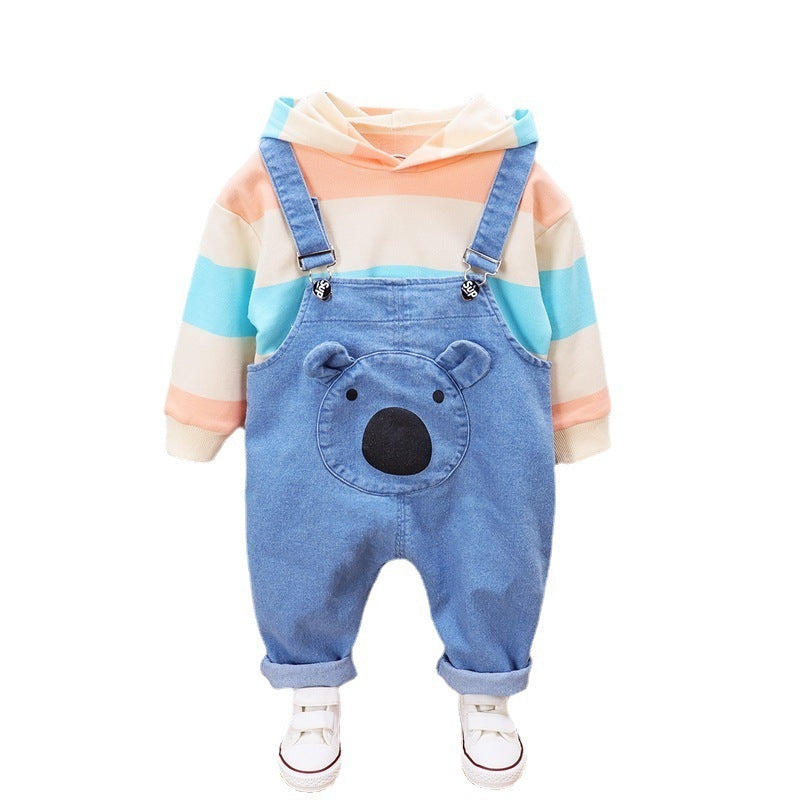 Children's Printed Striped Hooded Long Sleeved Sweater Denim Overalls