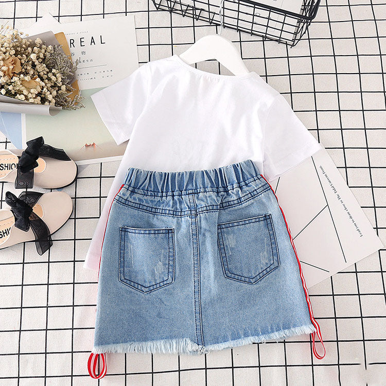 Summer Style Girls' Fashionable Embroidered Rose Short-sleeved T-shirt Denim Skirt Suit Two-piece Set