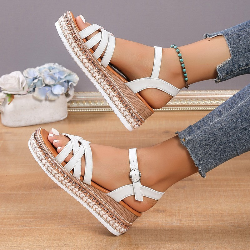 Summer Cross-strap Sandals With Back Buckle Fashion Thick Sole Hemp Flats Beach Shoes Women