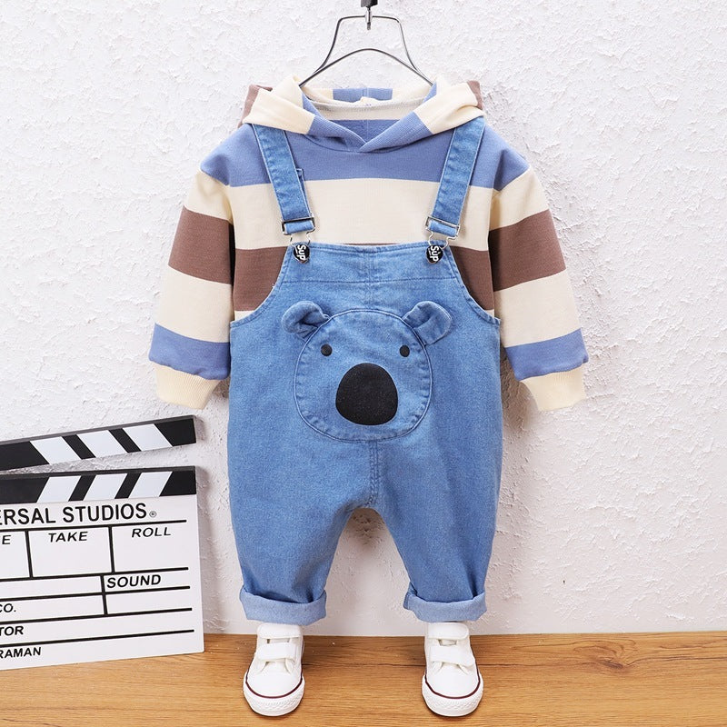 Children's Printed Striped Hooded Long Sleeved Sweater Denim Overalls