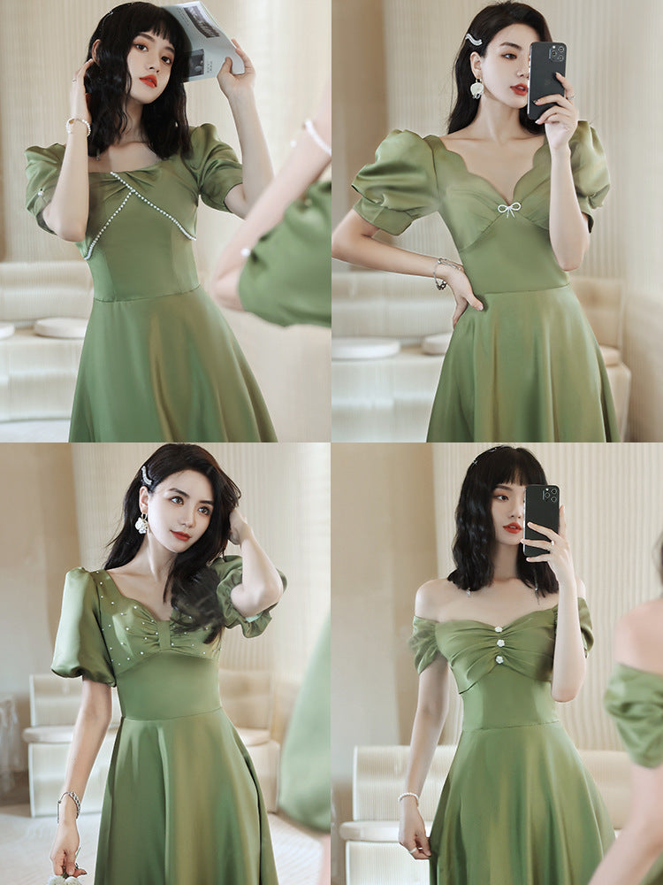 Women Satin Spring Avocado Green and Silver Gray Dress