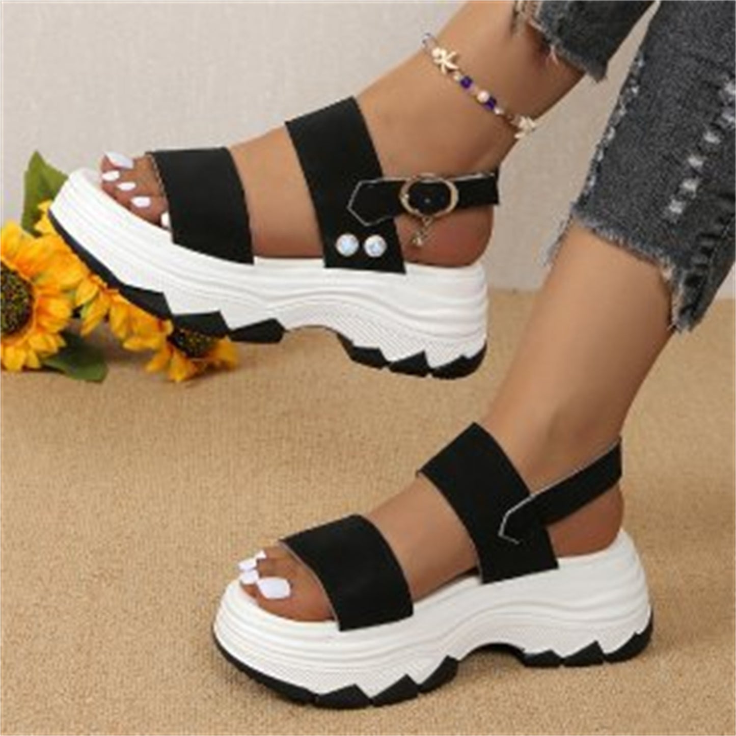 Casual Double-strap Sports Sandals Summer Fashion Solid Color Thick Bottom Buckle Fish Mouth Shoes Women