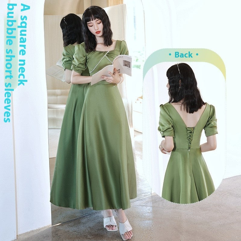 Women Satin Spring Avocado Green and Silver Gray Dress