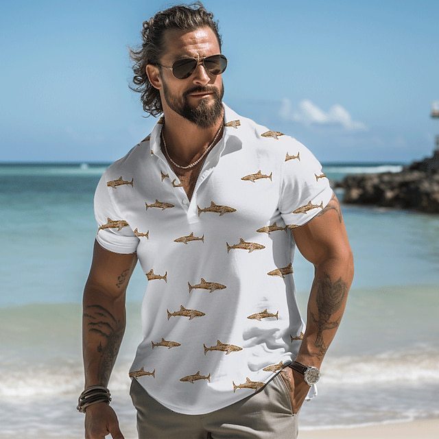 Men's Printed Polo Shirt Button Short Sleeve