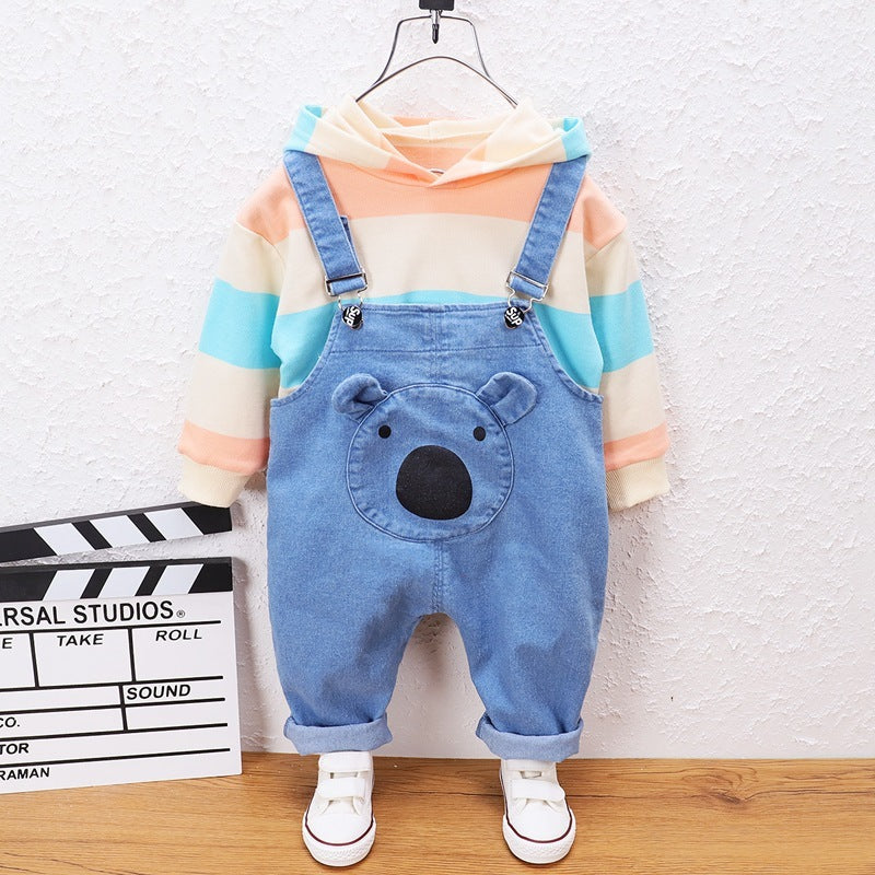 Children's Printed Striped Hooded Long Sleeved Sweater Denim Overalls