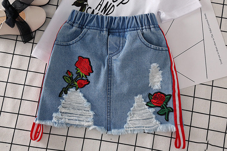 Summer Style Girls' Fashionable Embroidered Rose Short-sleeved T-shirt Denim Skirt Suit Two-piece Set